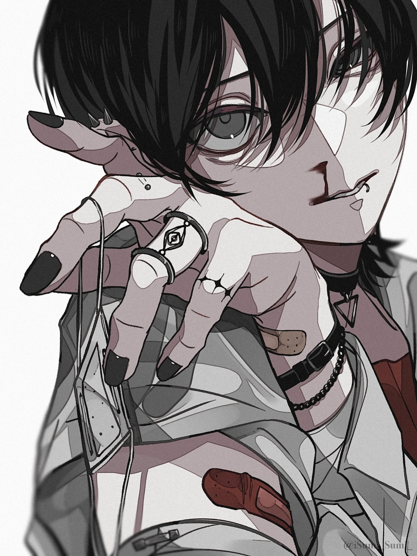 1boy absurdres bandaged_arm bandages bandaid bandaid_on_arm black_choker black_hair blood blood_on_face bracelet choker eyepatch eyepatch_removed grey_eyes grey_nails highres holding_eyepatch isumisumi jewelry lip_piercing male_focus nosebleed original piercing red_shirt ring shirt short_sleeves spiked_ear_piercing tattoo white_background white_shirt