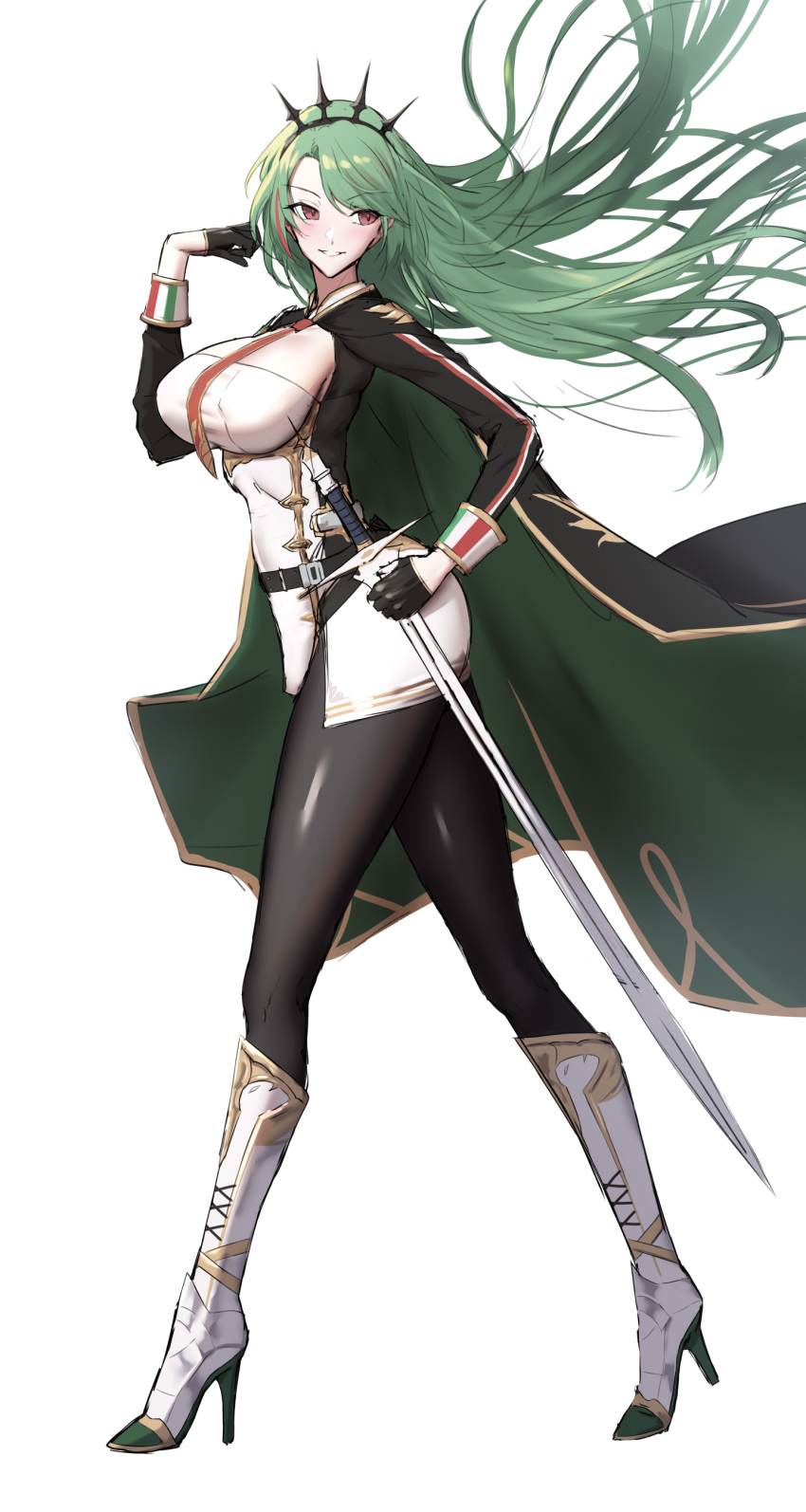 1girl absurdres azur_lane black_cape black_gloves black_pantyhose boots breasts cape cleavage_cutout clothing_cutout floating_hair from_side full_body gloves green_hair half_gloves high_heel_boots high_heels highres holding holding_sword holding_weapon large_breasts littorio_(azur_lane) long_hair long_sleeves looking_away looking_back multicolored_hair necktie pantyhose red_eyes red_necktie shiroshisu simple_background smile solo streaked_hair sword two-tone_hair very_long_hair walking weapon white_background white_footwear