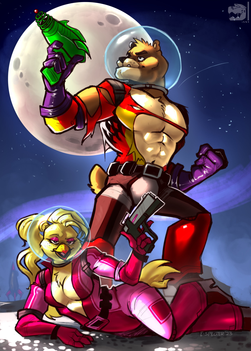2023 absurd_res anthro avian bear bird breasts chica_(fnaf) chicken cleavage clothed clothing duo exposed_chest female five_nights_at_freddy's freddy_(fnaf) freddy_in_space_2 galliform gallus_(genus) hi_res iamespecter laser_gun male male/female mammal moon muscular muscular_male phasianid ranged_weapon scottgames space tight_clothing torn_clothing weapon
