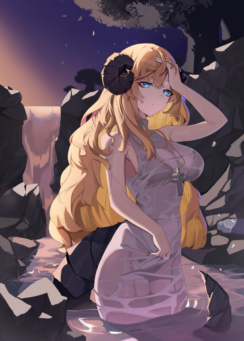 1girl absurdres black_bra blonde_hair blue_eyes bra bra_visible_through_clothes breasts commission cross cross_necklace dress english_commentary garter_belt hand_on_forehead highres horns jewelry large_breasts long_hair looking_afar n8_(buse1601) necklace night night_sky original parted_lips ring see-through see-through_dress sky sleeveless sleeveless_dress solo standing tail tree underwear wading wet wet_clothes wet_dress