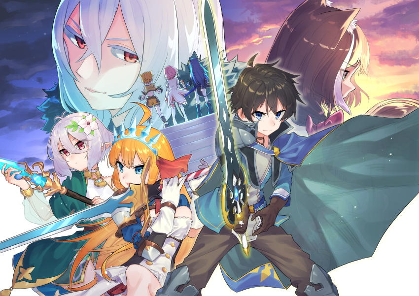 1boy 6+girls absurdres ahoge animal_ear_fluff animal_ears armored_boots black_hair blue_eyes boots cape closed_mouth cloud flower gloves grey_hair hair_between_eyes hair_flower hair_ornament highres hiyori_(princess_connect!) holding holding_staff holding_sword holding_weapon karyl_(princess_connect!) kokkoro_(princess_connect!) long_hair multicolored_hair multiple_girls orange_eyes pants pecorine_(princess_connect!) pointy_ears princess_connect! rei_(princess_connect!) senri_mana_(princess_connect!) sho_bu_1116 short_hair sky staff standing streaked_hair sword weapon yui_(princess_connect!) yuuki_(princess_connect!)