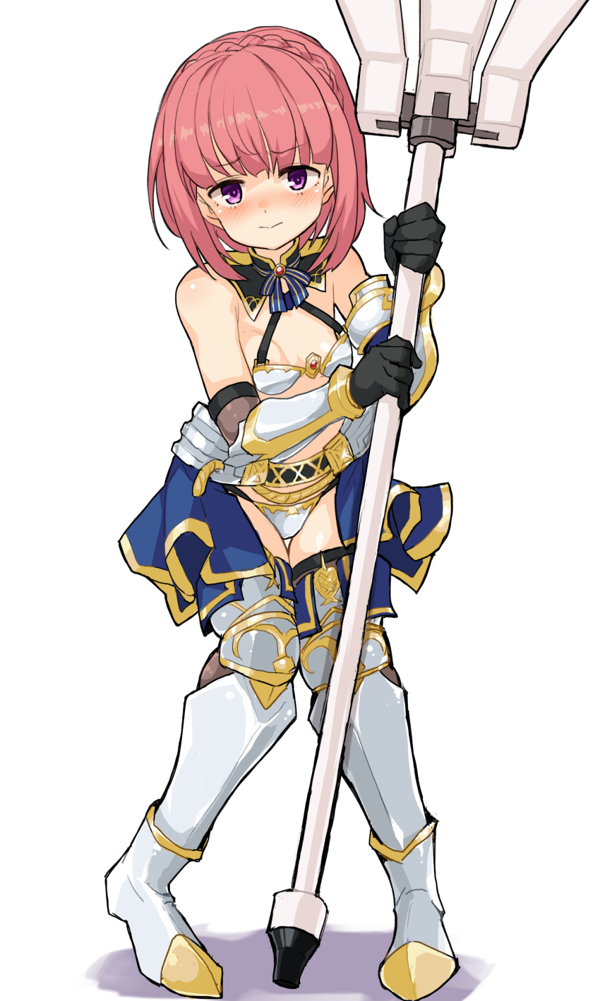 1girl absurdres aikawa_aika alice_gear_aegis armor bikini_armor black_gloves blush braid breasts buta-don closed_mouth dated_commentary elbow_gloves full_body gloves highres looking_at_viewer pink_hair purple_eyes short_hair simple_background small_breasts solo thighhighs white_background