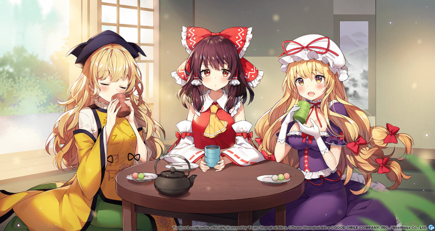 3girls ascot ayamy bad_source black_headwear blush bow breasts brown_hair cape cleavage constellation constellation_print corset cup dango detached_sleeves drinking food frilled_bow frills green_skirt hair_bow hair_tubes hakurei_reimu hakurei_shrine hat holding holding_cup large_breasts long_hair matara_okina mob_cap multiple_girls official_art orange_cape orange_sleeves orange_tabard red_skirt ribbon sitting skirt tabard table tea teapot touhou touhou_lost_word wagashi yakumo_yukari yellow_ascot