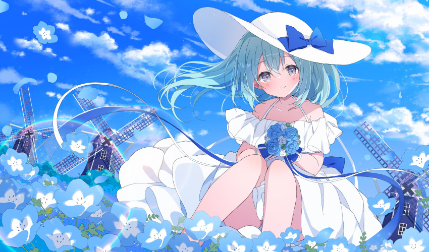 1girl aqua_eyes aqua_hair bare_shoulders blue_flower blue_ribbon blush bouquet bow cloud collarbone dress floating_hair flower frills hat hat_bow head_tilt highres holding holding_bouquet knees_up light_blush looking_at_viewer medium_hair mochigome_(ununquadium) nemophila_(flower) off-shoulder_dress off_shoulder original outdoors petals ribbon sitting sky smile solo sun_hat thighs white_headwear wind wind_lift windmill