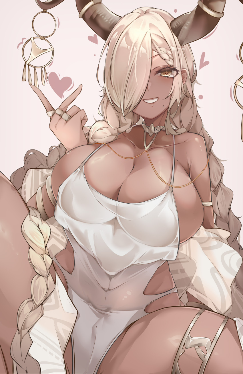 1girl absurdres asymmetrical_bangs azur_lane blush braid breasts brown_horns cleavage collarbone dark-skinned_female dark_skin hair_over_one_eye hand_up heart highres horn_ornament horns jewelry kive large_breasts large_horns long_bangs long_hair looking_at_viewer low_twin_braids mole mole_under_mouth one-piece_swimsuit one_eye_covered owari_(azur_lane) owari_(shimmering_forsythia)_(azur_lane) parted_lips ring simple_background smile solo spread_legs swimsuit twin_braids white_background white_swimsuit
