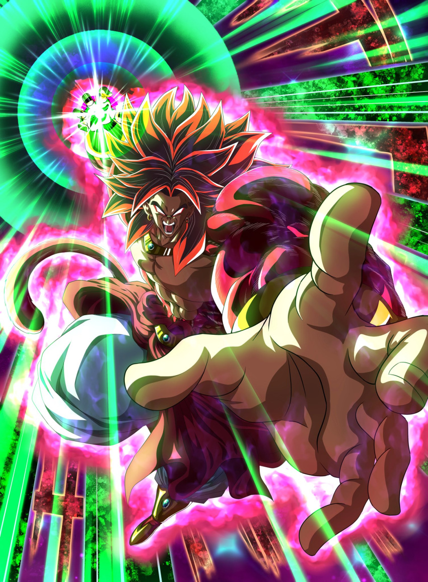 1boy abs armlet baggy_pants biceps body_fur boots bracelet bracer broly_(dragon_ball_z) circlet dragon_ball dragon_ball_heroes dragon_ball_z earrings forehead_jewel gold_earrings gold_footwear gold_necklace highres hoop_earrings incoming_attack jewelry legendary_super_saiyan male_focus monkey_boy monkey_tail muscular muscular_male necklace no_nipples no_pupils open_mouth pants pectorals red_fur red_hair smile solo spiked_hair suigetu26 super_full_power_saiyan_4_limit_breaker super_saiyan super_saiyan_4 tail topless_male vambraces white_pants