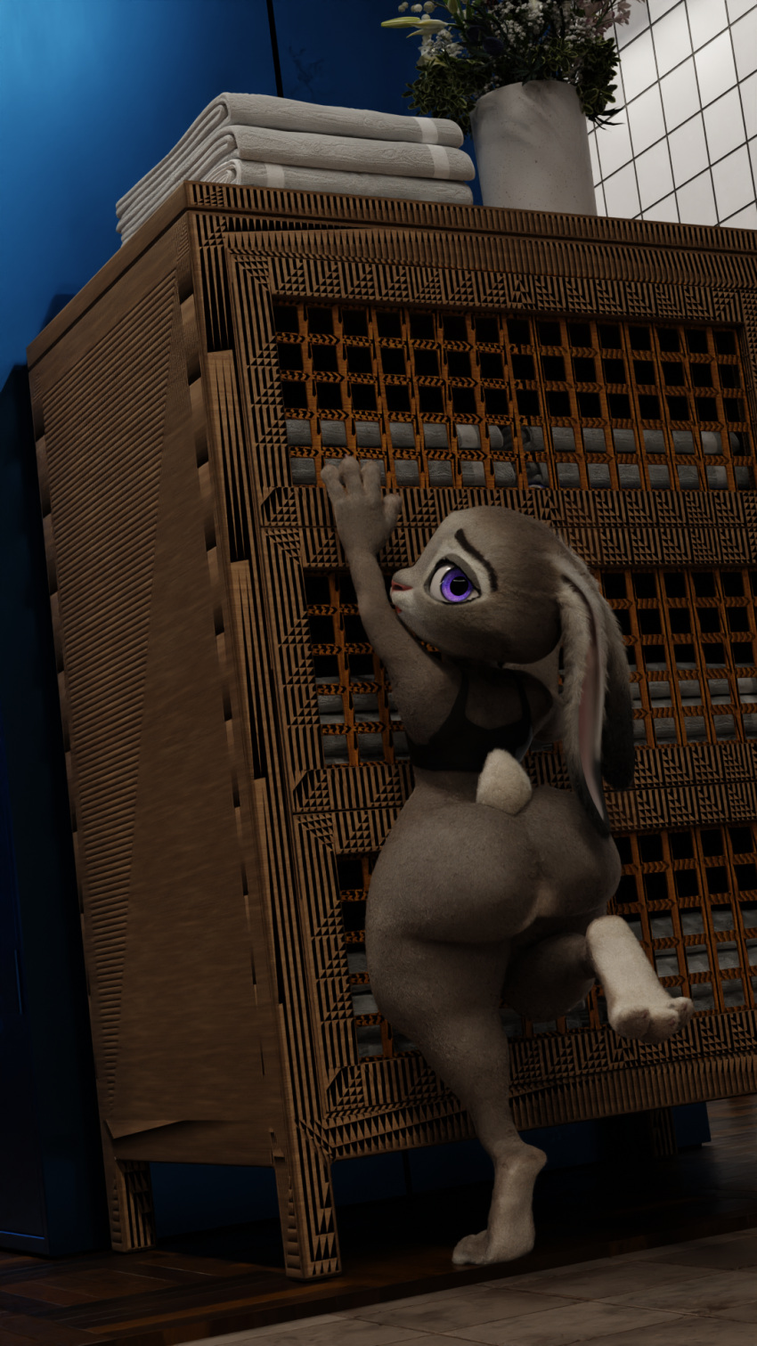 anthro big_butt blender_(software) butt disney embarrassed feet female hi_res judy_hopps lagomorph leporid looking_at_viewer mammal rabbit sad solo standing stellarlewds thick_thighs towel zootopia