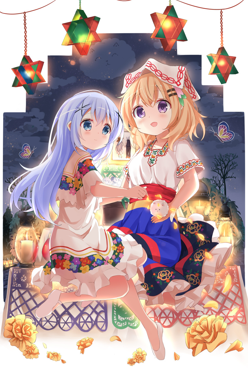 2girls :d absurdres angora_rabbit animal bare_tree blue_eyes blue_hair blue_skirt brown_hair bug butterfly candle character_request closed_mouth cloud cloudy_sky commentary dia_de_muertos dress fire flower frilled_skirt frills gochuumon_wa_usagi_desu_ka? hair_between_eyes hair_ornament hairclip highres hoto_cocoa kafuu_chino kafuu_saki lantern mexico multiple_girls night night_sky petals purple_eyes rabbit shirt shoes short_sleeves skirt sky smile stick_jitb tippy_(gochiusa) tree white_dress white_footwear white_shirt yellow_flower