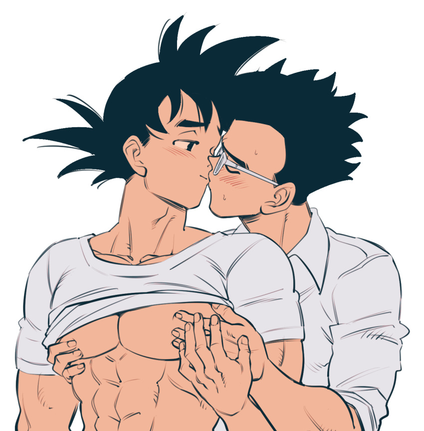 2boys abs bara bare_pectorals black_hair blush closed_eyes clothes_lift dragon_ball dragon_ball_super glasses highres kiss large_pectorals looking_at_another male_focus multiple_boys muscular muscular_male nano8 pectorals shirt shirt_lift short_hair simple_background son_gohan son_goku spiked_hair upper_body white_background white_shirt yaoi