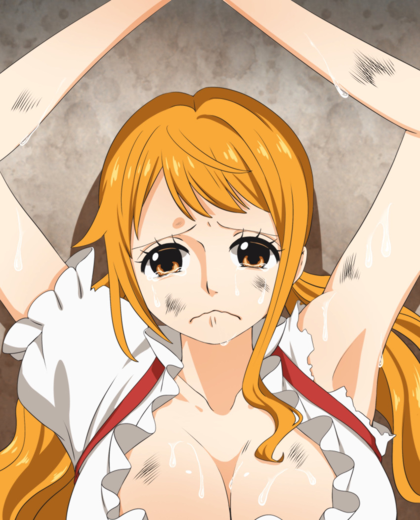 1girl 2yu_akaunto absurdres against_wall armpits arms_up breasts brown_eyes cleavage collarbone commentary dirty dirty_face dress eyelashes frilled_dress frilled_sleeves frills highres large_breasts looking_at_viewer one_piece orange_hair ribbon short_sleeves single_sidelock sweat tears torn_clothes twintails upper_body wavy_mouth white_dress