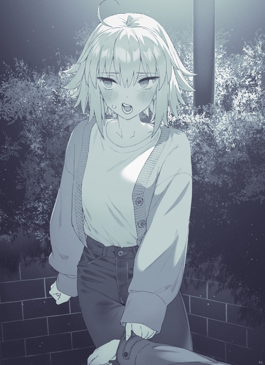 1girl ahoge blush brick_wall bush cardigan clothes_grab commentary denim fate/grand_order fate_(series) greyscale hair_between_eyes highres jeanne_d'arc_alter_(fate) jeans lamppost long_sleeves looking_away mitsurugi_sugar monochrome pants shirt shirt_tucked_in short_hair_with_long_locks sleeve_grab sleeves_past_wrists solo standing sweatdrop tsundere white_shirt