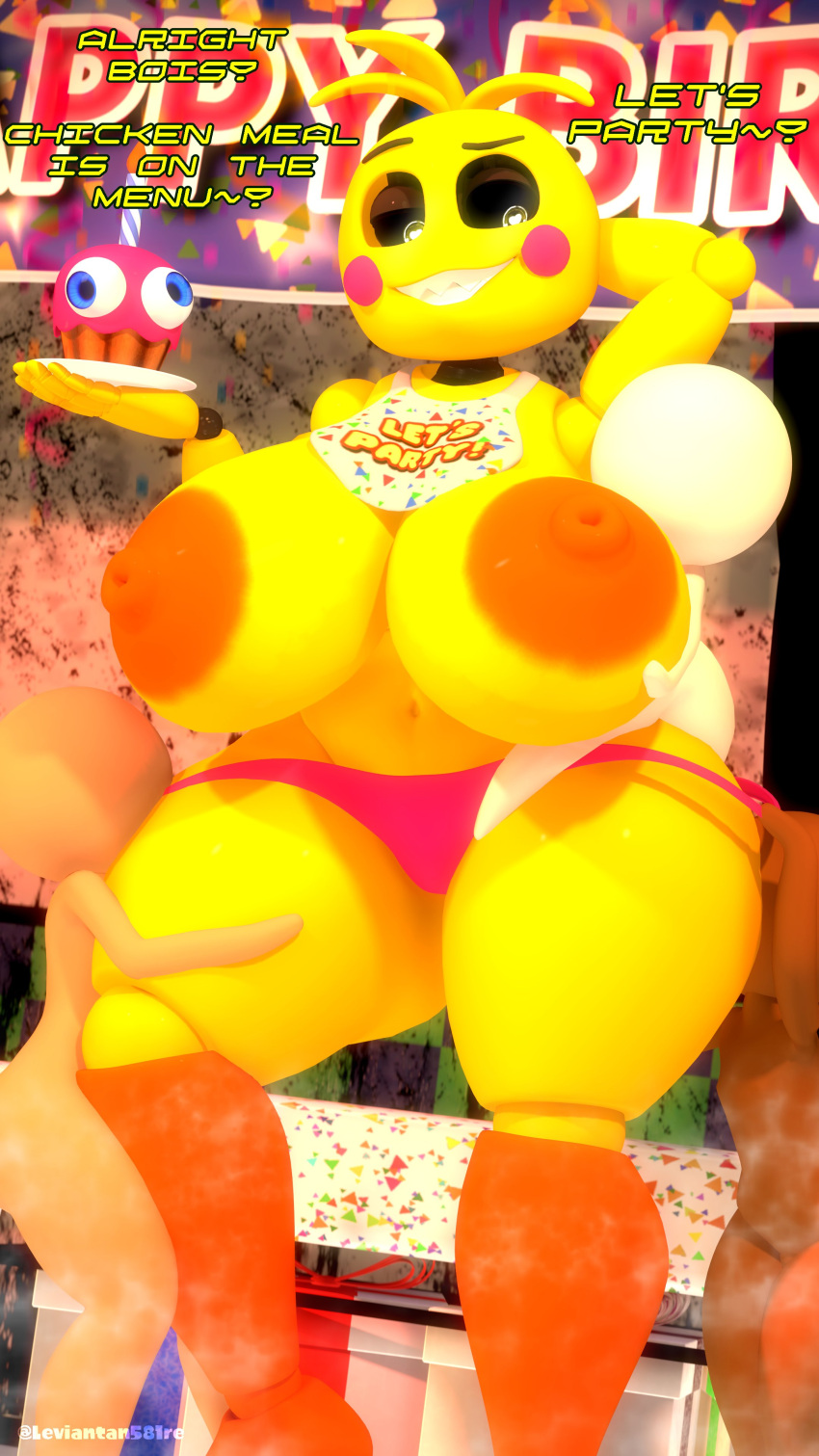 &lt;3_pupils 3d_(artwork) absurd_res ambiguous_gender animatronic anthro areola avian beakless bib big_breasts bird black_sclera breasts brown_body brown_skin chicken cupcake_(fnaf) digital_media_(artwork) english_text exclamation_point female five_nights_at_freddy's five_nights_at_freddy's_2 galliform gallus_(genus) group hand_behind_head hi_res holding_plate huge_breasts human larger_anthro larger_female leviantan581re machine mammal navel nipples non-mammal_breasts orange_areola orange_nipples phasianid plate question_mark robot scottgames size_difference smaller_ambiguous smaller_human smile tan_body tan_skin text thick_thighs toy_chica_(fnaf) white_body white_eyes white_skin yellow_body