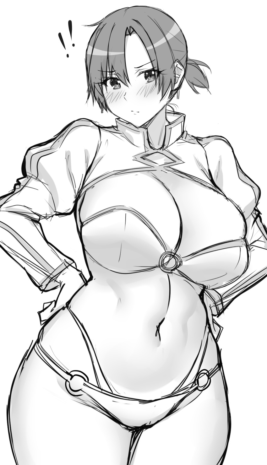 1girl absurdres arind_yudha ass bikini blush boudica_(fate) breasts cleavage fate/grand_order fate_(series) greyscale highres large_breasts long_sleeves looking_at_viewer looking_back monochrome navel o-ring short_hair short_ponytail shrug_(clothing) sketch smile solo swimsuit thigh_strap thighs