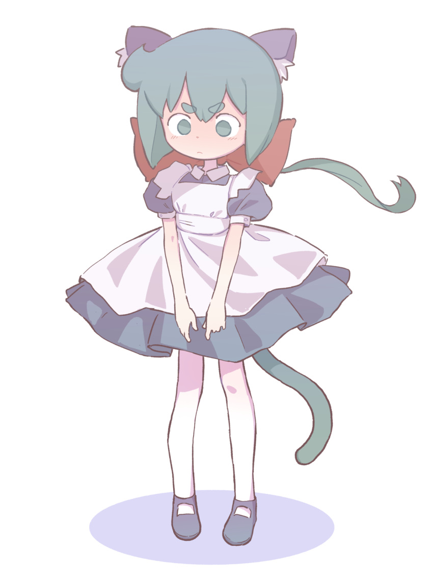 1girl alternate_costume animal_ear_fluff animal_ears apron blush bow cat_ears cat_girl cat_tail closed_mouth commentary constanze_amalie_von_braunschbank-albrechtsberger dress english_commentary enmaided full-face_blush full_body hair_bow highres kemonomimi_mode large_bow little_witch_academia maid orenji_(wholesomeorenji) puffy_short_sleeves puffy_sleeves red_bow shoes short_sleeves standing tail thick_eyebrows white_apron white_background