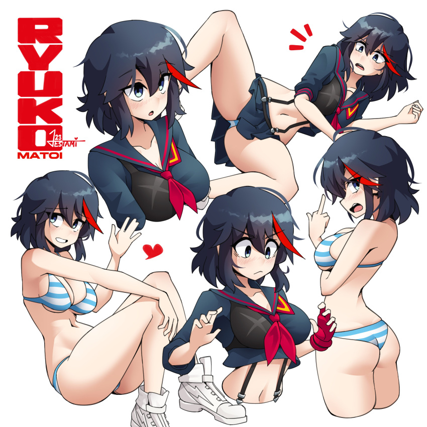 1girl absurdres bikini black_hair blue_eyes blue_sailor_collar blue_shirt blush breasts character_name crop_top english_commentary fingerless_gloves gloves heart highres jestami kill_la_kill large_breasts looking_down matoi_ryuuko middle_finger multicolored_hair multiple_views neckerchief notice_lines panties pantyshot parted_lips red_gloves red_hair red_neckerchief sailor_collar school_uniform serafuku shirt shoes short_hair signature simple_background single_glove skirt sneakers streaked_hair striped striped_bikini suspender_skirt suspenders swimsuit underwear waving white_footwear