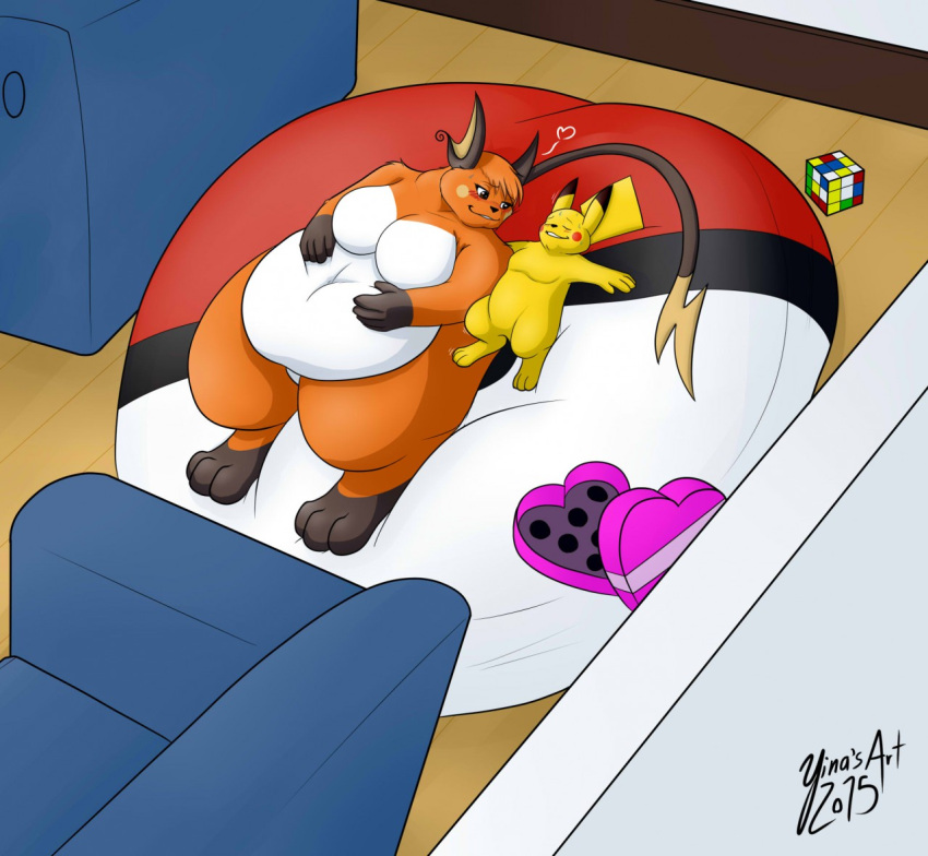2015 anthro belly box_of_chocolates breasts candy chair chocolate cocoa_(cheesecaker) dessert duo fan_character female feral food fur furniture generation_1_pokemon hair heart_box larger_female lying male male/female mammal navel nintendo nude obese obese_anthro obese_female on_back overweight overweight_anthro overweight_female pikachu pillow pokeball pokemon pokemon_(species) raichu rodent rubik's_cube size_difference smaller_male smile sofa sparks_(cheesecaker) tail yellow_body yellow_fur yina