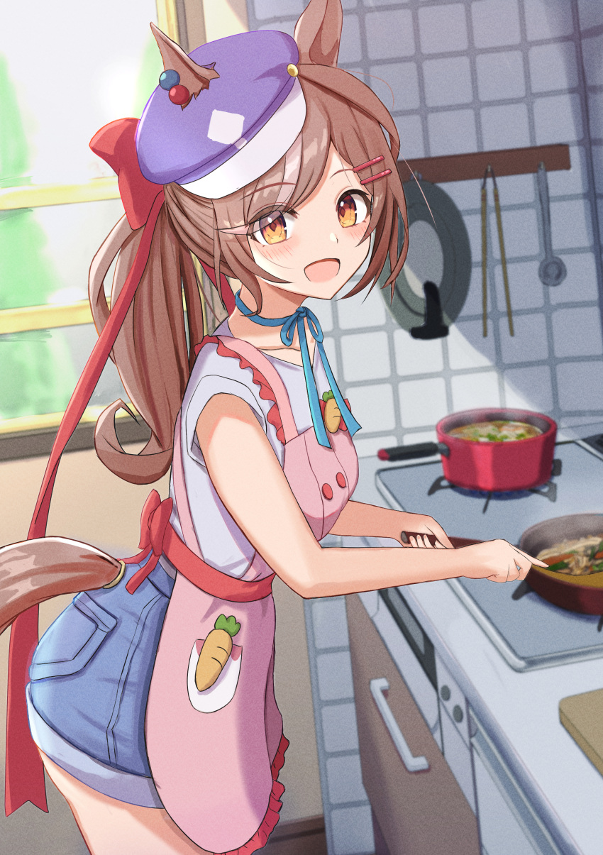 1girl absurdres alternate_costume alternate_hairstyle animal_ears apron blush brown_hair cabbie_hat collarbone cooking cowboy denim denim_shorts filkia from_side hair_ornament hairclip hat highres horse_ears horse_girl horse_tail kitchen long_hair looking_at_viewer matikane_tannhauser_(umamusume) multicolored_hair open_mouth pink_apron ponytail short_sleeves shorts smile solo streaked_hair tail umamusume white_hair