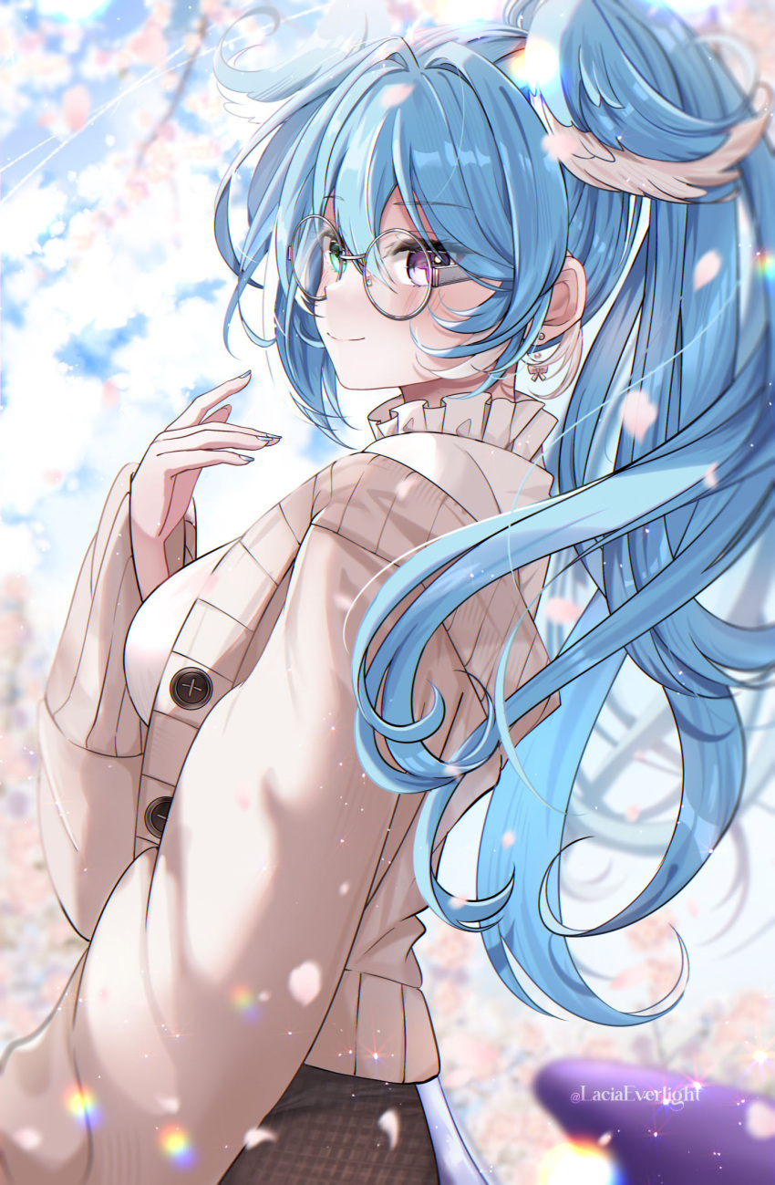 1girl blue_eyes blue_hair blue_nails blue_wings bow bow_earrings breasts brown_cardigan brown_skirt cardigan checkered_clothes checkered_skirt closed_mouth collar earrings elira_pendora frilled_collar frills from_side glasses hair_between_eyes head_wings hetero high_ponytail highres jewelry lacia_everlight long_hair long_sleeves looking_to_the_side multicolored_hair nail_polish nijisanji nijisanji_en official_alternate_costume open_cardigan open_clothes purple_eyes round_eyewear skirt solo sweater virtual_youtuber white_hair white_sweater wings
