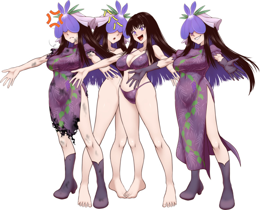 1girl anger_vein bikini black_footwear black_gloves boots breasts burnt_clothes china_dress chinese_clothes d.koutya dress expressions flower flower_on_head full_body gloves high_heel_boots high_heels large_breasts laughing leaf_print long_hair looking_at_viewer multiple_views open_mouth orchid puffy_short_sleeves puffy_sleeves purple_bikini purple_dress purple_eyes short_sleeves simple_background smile swimsuit torn_clothes touhou white_background yomotsu_hisami