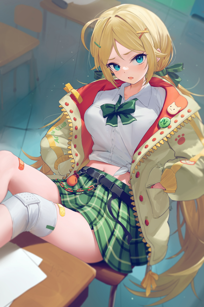 1girl absurdres ahoge black_survival blonde_hair blue_eyes breasts eternal_return:_black_survival green_skirt highres jacket long_hair looking_at_viewer medium_breasts midriff_peek nicky_blake official_alternate_costume open_mouth plaid plaid_skirt shirt sitting skirt solo takealook twintails very_long_hair white_shirt yellow_jacket