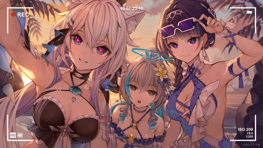 3girls animal_ear_fluff animal_ears blue_eyes blunt_bangs braid braided_ponytail breasts bronya_zaychik bronya_zaychik_(herrscher_of_truth) cat_ears cleavage collarbone commentary diamond-shaped_pupils diamond_(shape) english_commentary eyewear_on_head grey_hair grin highres hollyyn honkai_(series) honkai_impact_3rd kiana_kaslana kiana_kaslana_(herrscher_of_finality) large_breasts long_hair looking_at_viewer multiple_girls official_alternate_costume open_mouth outdoors ponytail purple-tinted_eyewear purple_eyes purple_hair raiden_mei raiden_mei_(herrscher_of_origin) selfie smile sunset swimsuit symbol-shaped_pupils tinted_eyewear viewfinder white_hair