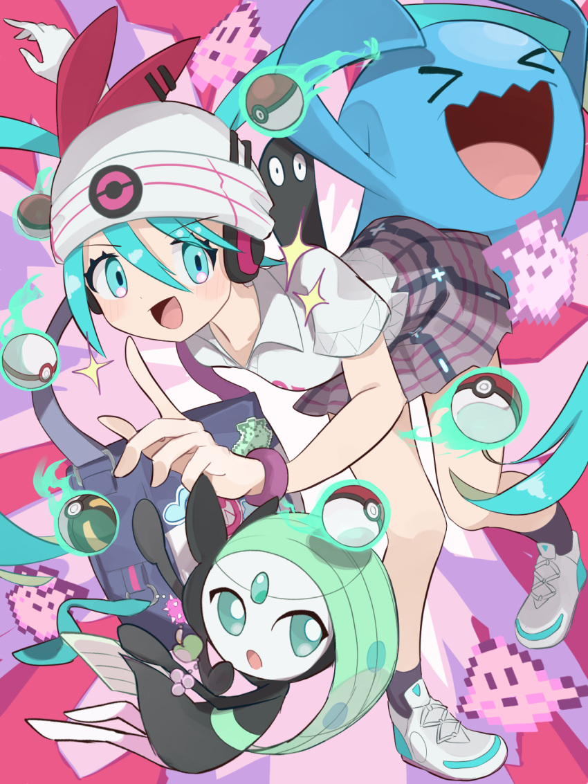 1girl :d bag beanie blush collared_shirt commentary_request eyelashes green_eyes green_hair hair_between_eyes hat hatsune_miku highres kanno_(kan_save) meloetta open_mouth poke_ball poke_ball_(basic) pokemon pokemon_(creature) project_voltage psychic_miku_(project_voltage) shirt shoes skirt smile socks telekinesis tongue twintails vocaloid white_headwear wobbuffet