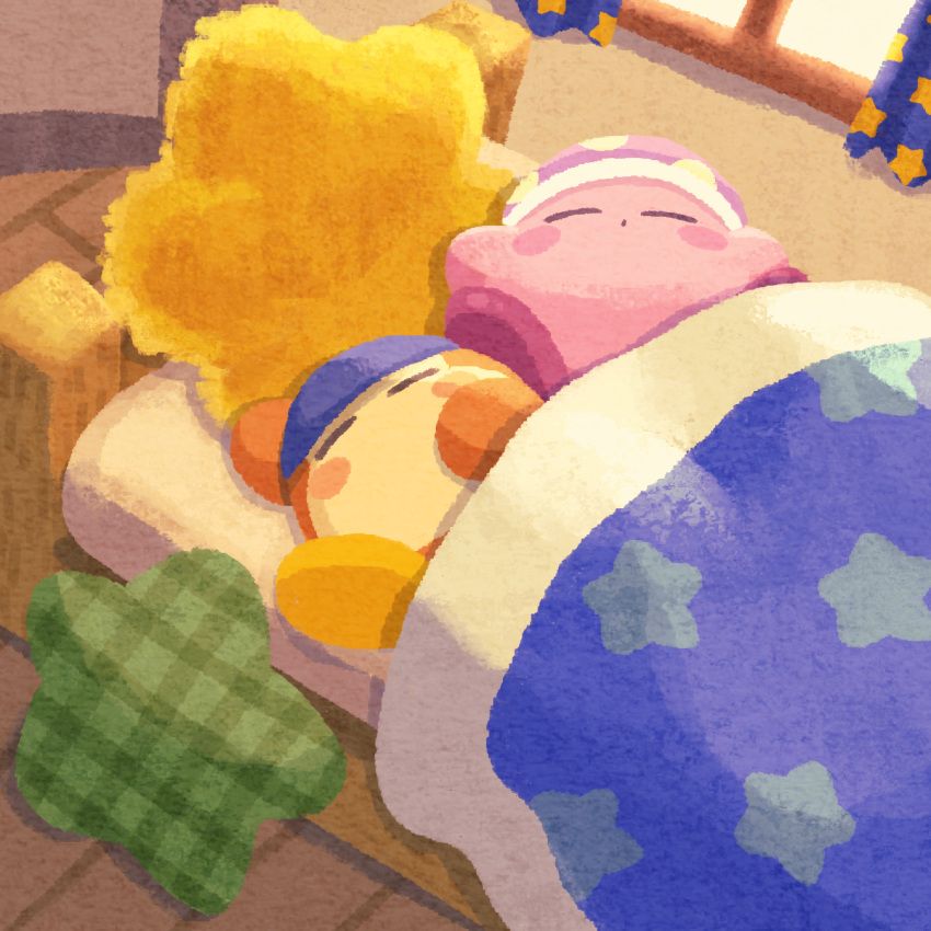 bandana bandana_waddle_dee bed bedroom blanket blue_bandana closed_eyes highres indoors kirby kirby_(series) mattress miclot sleep_kirby sleeping star_(symbol) star_pillow star_print window wooden_floor