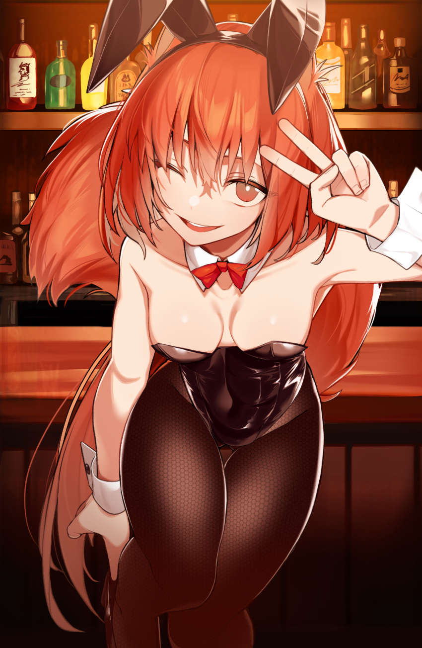 1girl ;d absurdres adjusting_footwear animal_ears arknights arm_up armpits ass_visible_through_thighs bar_(place) black_hairband black_leotard bottle bow bowtie breasts brown_eyes cleavage covered_navel detached_collar fake_animal_ears flametail_(arknights) hairband highres indoors leg_up leotard long_hair looking_at_viewer medium_breasts one_eye_closed open_mouth playboy_bunny rabbit_ears red_bow red_bowtie red_hair signal_1120 smile solo squirrel_ears squirrel_girl squirrel_tail standing standing_on_one_leg strapless strapless_leotard tail thigh_gap v very_long_hair wrist_cuffs
