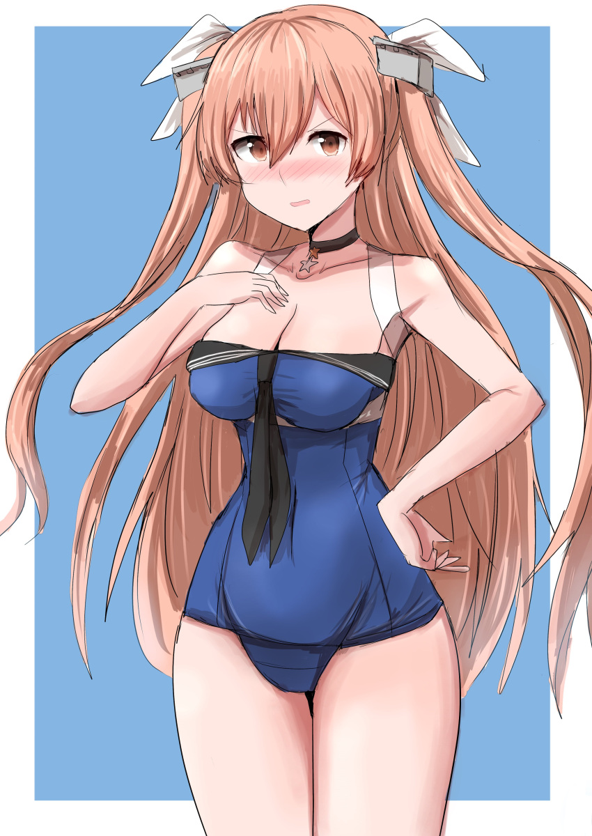 1girl absurdres blue_one-piece_swimsuit blush breasts brown_eyes brown_hair cleavage covered_navel highres jewelry johnston_(kancolle) kamaboko_senshi kantai_collection light_brown_hair long_hair looking_at_viewer medium_breasts necklace off_shoulder one-piece_swimsuit open_mouth school_swimsuit solo swimsuit two_side_up