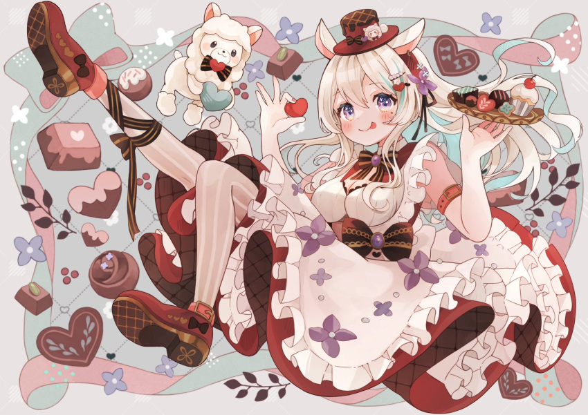 1girl :p animal_ears apron arm_belt black_bow black_bowtie blue_background blue_eyes bow bowtie breasts brown_thighhighs cleavage commentary_request cookie cupcake dress earrings floating flower_ornament food footwear_bow frilled_apron frills from_side full_body grey_background hair_ornament hairband hands_up hat hat_bow heart heart_hair_ornament highres horse_ears indie_virtual_youtuber jewelry llama long_hair looking_at_viewer mole mole_under_eye ponytail red_dress red_footwear red_hairband red_headwear shirane_aruha shoes sidelocks single_earring smile solo striped striped_bow striped_bowtie striped_thighhighs tabi_0v0 thighhighs tongue tongue_out tray two-sided_fabric two-tone_eyes vertical_stripes virtual_youtuber white_apron white_hair