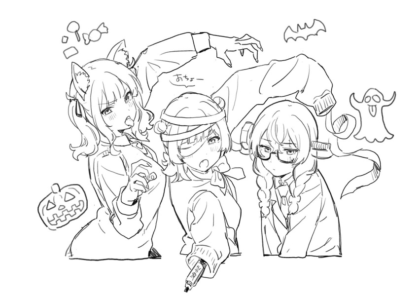 3girls animal_ear_fluff animal_ears arm_up bandaged_head bandages blush bow bowtie braid breasts cardigan cevio claw_pose closed_mouth collared_shirt cropped_torso fang glasses greyscale halloween hanakuma_chifuyu holding holding_marker koharu_rikka long_hair looking_at_viewer marker monochrome multiple_girls natsuki_karin object_through_head open_mouth screw_in_head semi-rimless_eyewear shirt short_hair small_breasts synthesizer_v teshima_nari tongue tongue_out twin_braids unamused upper_body