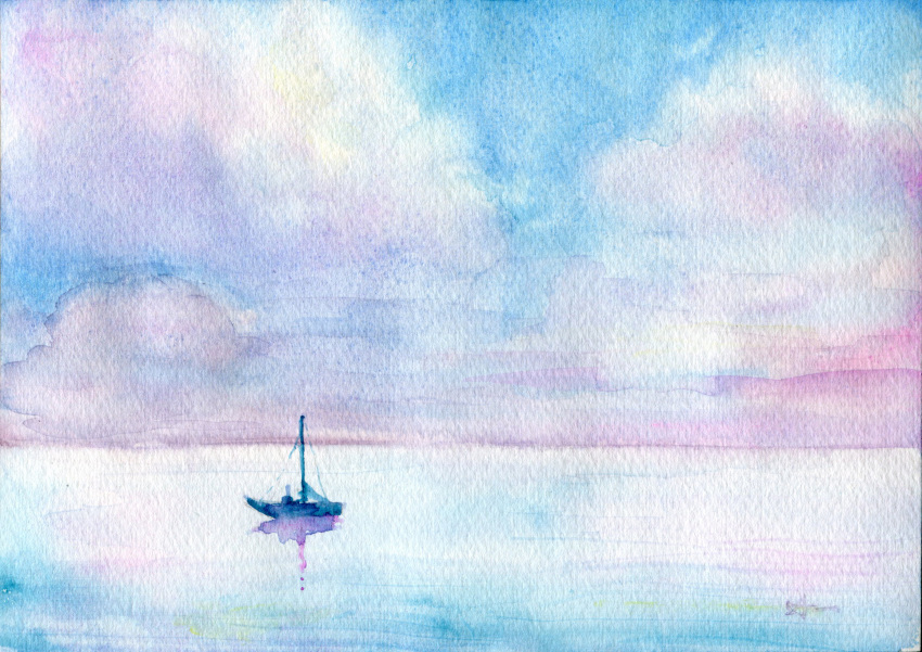 amima_amita blue_sky boat cloud cloudy_sky day highres horizon no_humans ocean original painting_(medium) sail sky traditional_media water water_world watercolor_(medium) watercraft