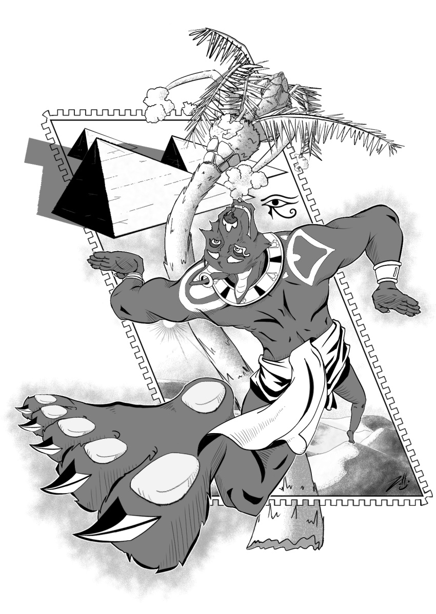 adastra adastra_(series) anthro arm_tattoo black_and_white canid canine canis clip_studio_paint clothed clothing comic comic_panel dancing desert detailed_background digital_media_(artwork) ear_piercing echo_project egyptian facial_piercing fur gold_(metal) gold_jewelry hi_res jackal jewelry khemia looking_at_viewer male mammal manga monochrome muscular muscular_male neferu_(adastra) nose_piercing open_mouth outside palm_tree perspective piercing plant pyramid rear_view ring_piercing sand simple_background sky smile solo taiga_took tattoo tree visual_novel white_background