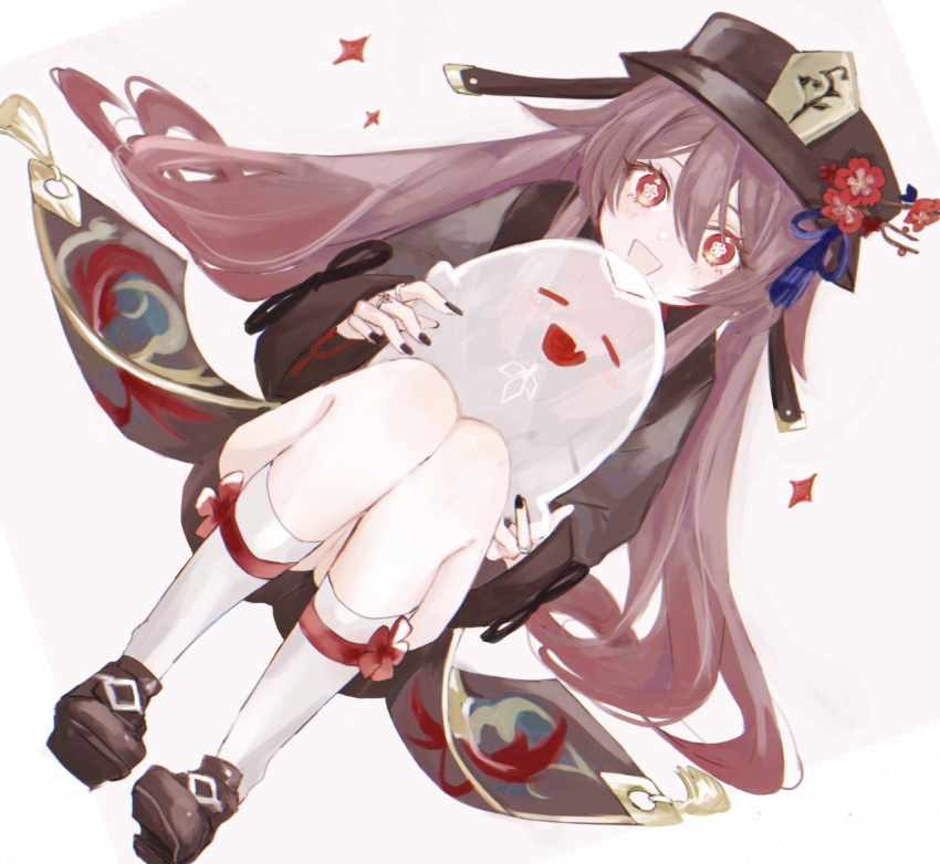 1girl :d ankle_ribbon asa_(1asa-0-asa1) black_nails boo_tao_(genshin_impact) brown_coat brown_footwear brown_hair brown_headwear coat coattails dutch_angle flower flower-shaped_pupils genshin_impact ghost hair_between_eyes hat hat_flower hat_tassel hu_tao_(genshin_impact) jewelry kneehighs leg_ribbon light_blush long_hair long_sleeves looking_at_viewer multiple_rings orange_eyes red_flower ribbon ring simple_background smile socks solo symbol-shaped_pupils white_background white_socks