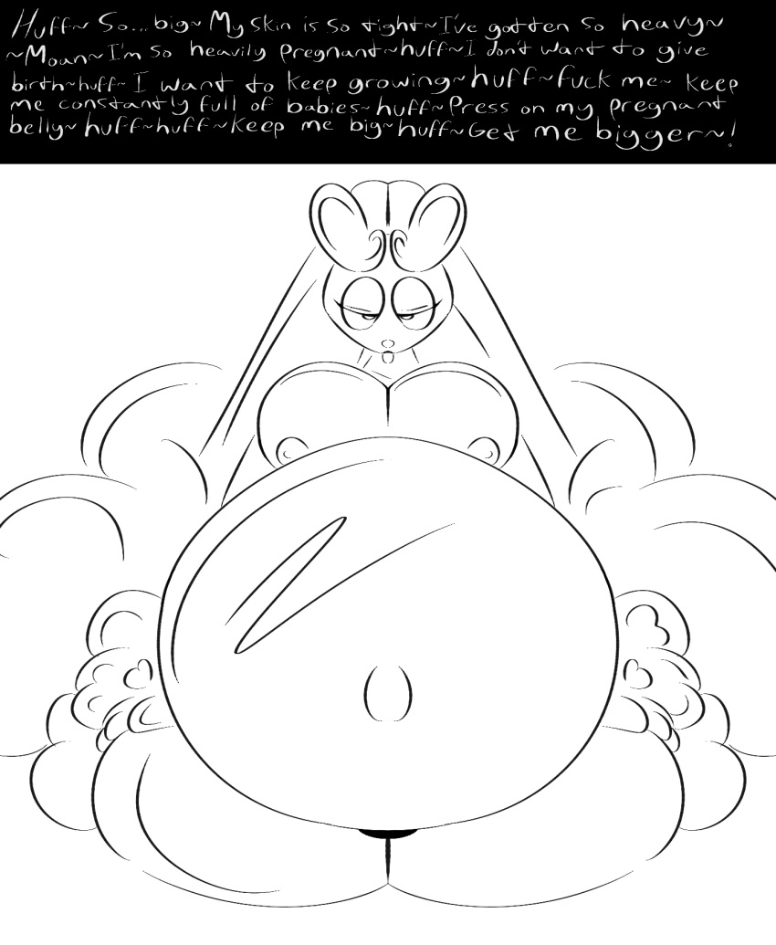 anthro belly big_belly big_breasts breasts dialogue fanofblimp female generation_4_pokemon hi_res huge_belly lopunny monochrome nintendo nipples pokemon pokemon_(species) pregnant solo