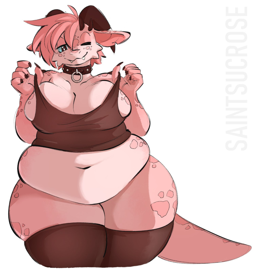 anthro belly blue_sclera breasts clothed clothing collar fangs female fruitsloops hair hi_res horn kobold legwear navel non-mammal_breasts one_eye_closed overweight overweight_anthro overweight_female pink_body pink_hair pink_scales pink_tail saintsucrose scales scalie simple_background solo stockings tail teeth white_background