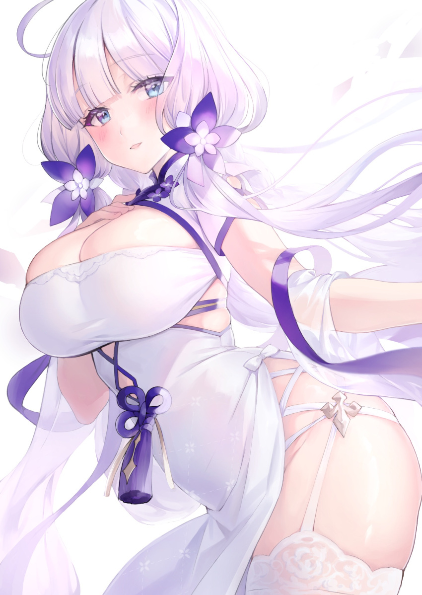 1girl azur_lane blue_eyes blush breasts china_dress chinese_clothes cleavage cleavage_cutout clothing_cutout cowboy_shot dress flower garter_straps hair_flower hair_ornament hand_up highres illustrious_(azur_lane) illustrious_(maiden_lily's_radiance)_(azur_lane) large_breasts long_hair looking_at_viewer official_alternate_costume pelvic_curtain simple_background solo thighhighs twintails white_background white_dress white_hair white_thighhighs ygcn