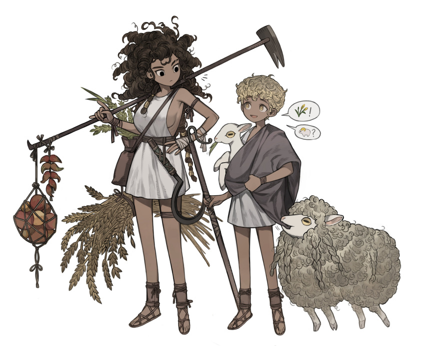 1girl 1other absurdres androgynous arm_wrap bare_shoulders black_eyes blonde_hair breasts brown_hair child commentary curly_hair dark-skinned_female dark_skin dress food fruit gladiator_sandals hand_on_own_hip hand_up highres hoe holding holding_stick lamb long_hair looking_at_another looking_to_the_side medium_breasts napal_(ve_xillum) original over_shoulder parted_lips sack sandals sheep short_hair sideboob simple_background smile speech_bubble spoken_animal spoken_object standing stick symbol-only_commentary toga wheat white_background white_dress