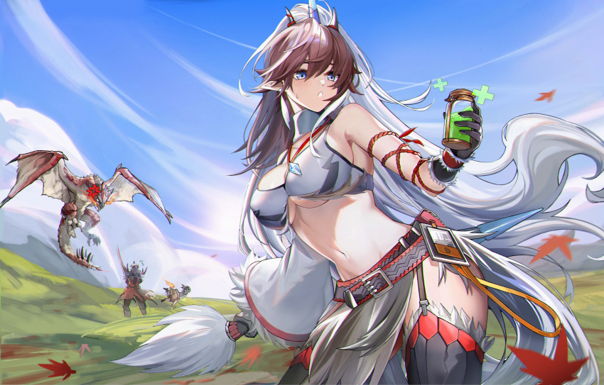 1boy 1girl absurdres anger_vein arknights bare_shoulders belt black_thighhighs blue_eyes blue_sky breasts brown_hair commentary_request cowboy_shot crop_top day dragon highres holding holding_jar horns jar jia_redian_ruzi_ruzi kirin_x_yato_(arknights) large_breasts midriff monster_hunter_(series) navel noir_corne_(arknights) outdoors parted_lips rathalos rathalos_s_noir_corne_(arknights) sky standing stomach thighhighs thighs yato_(arknights)