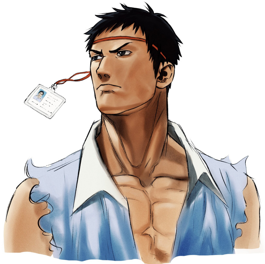 1boy black_hair blue_shirt collarbone cosplay frown highres id_card lanyard looking_to_the_side male_focus nijisanji pectorals ryu_(street_fighter) ryu_(street_fighter)_(cosplay) shirt short_hair simple_background sleeveless solo tengu_nimuru torn_clothes torn_sleeves upper_body virtual_youtuber white_background yashiro_kizuku yashiro_kizuku_(1st_costume)