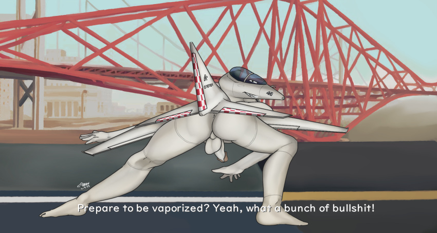aircraft airplane anthro anus backsack balls bent_over bridge butt city cityscape detailed_background dialogue digital_media_(artwork) erection genitals glans grand_theft_auto grand_theft_auto:_san_andreas grin hi_res humanoid_genitalia jet krowbutt living_aircraft living_machine living_vehicle looking_at_viewer looking_back looking_back_at_viewer machine male not_furry penis presenting rockstar_games smile solo stretching tail talking_to_viewer text vehicle wings