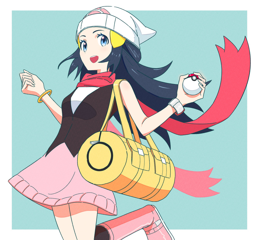 1girl :d absurdres bag beanie black_hair blue_eyes boots border bracelet dawn_(pokemon) duffel_bag eyelashes floating_scarf green_background hat highres holding holding_poke_ball jewelry kneehighs long_hair open_mouth pink_footwear pink_scarf pink_skirt poke_ball poke_ball_(basic) pokemon pokemon_(game) pokemon_dppt poketch rii_(mrhc7482) scarf shirt skirt sleeveless sleeveless_shirt smile socks solo teeth upper_teeth_only w_arms watch white_border white_headwear wristwatch yellow_bag