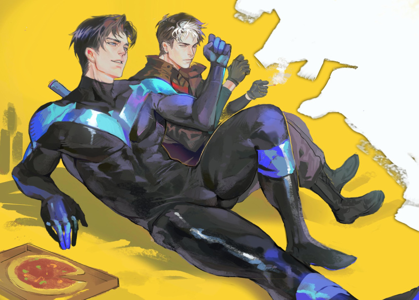 2boys bara batman_(series) black_gloves black_hair black_pants blue_bodysuit bodysuit boots brothers brown_jacket cigarette dc_comics dick_grayson food gloves highres jacket jason_todd koumikoumi69 large_pectorals male_focus multicolored_hair multiple_boys muscular muscular_male nightwing pants pectorals pizza pizza_box red_hood_(dc) short_hair siblings smile two-tone_bodysuit two-tone_hair white_hair