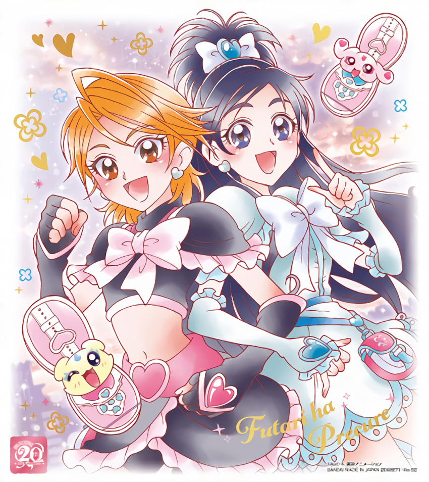 2girls arm_warmers belt black_hair blue_eyes bow brown_eyes crop_top cure_black cure_white dress earrings futari_wa_precure hair_bow heart heart_earrings highres jewelry long_hair magical_girl mepple mipple misumi_nagisa multiple_girls official_art orange_hair pouch precure short_hair shoulder_pads third-party_source white_dress yukishiro_honoka