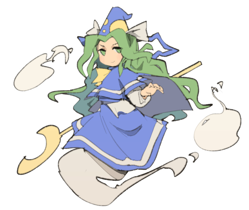 1girl :&gt; blue_capelet blue_headwear blue_skirt cape capelet closed_mouth full_body ghost ghost_tail green_eyes green_hair hand_up hat highres hitodama long_hair long_sleeves looking_at_viewer mima_(touhou) no_nose no_pupils parted_bangs print_headwear puffy_long_sleeves puffy_sleeves simple_background skirt skirt_set smile solo staff sun_print temmie_chang touhou touhou_(pc-98) v-shaped_eyebrows very_long_hair wavy_hair white_background wizard_hat