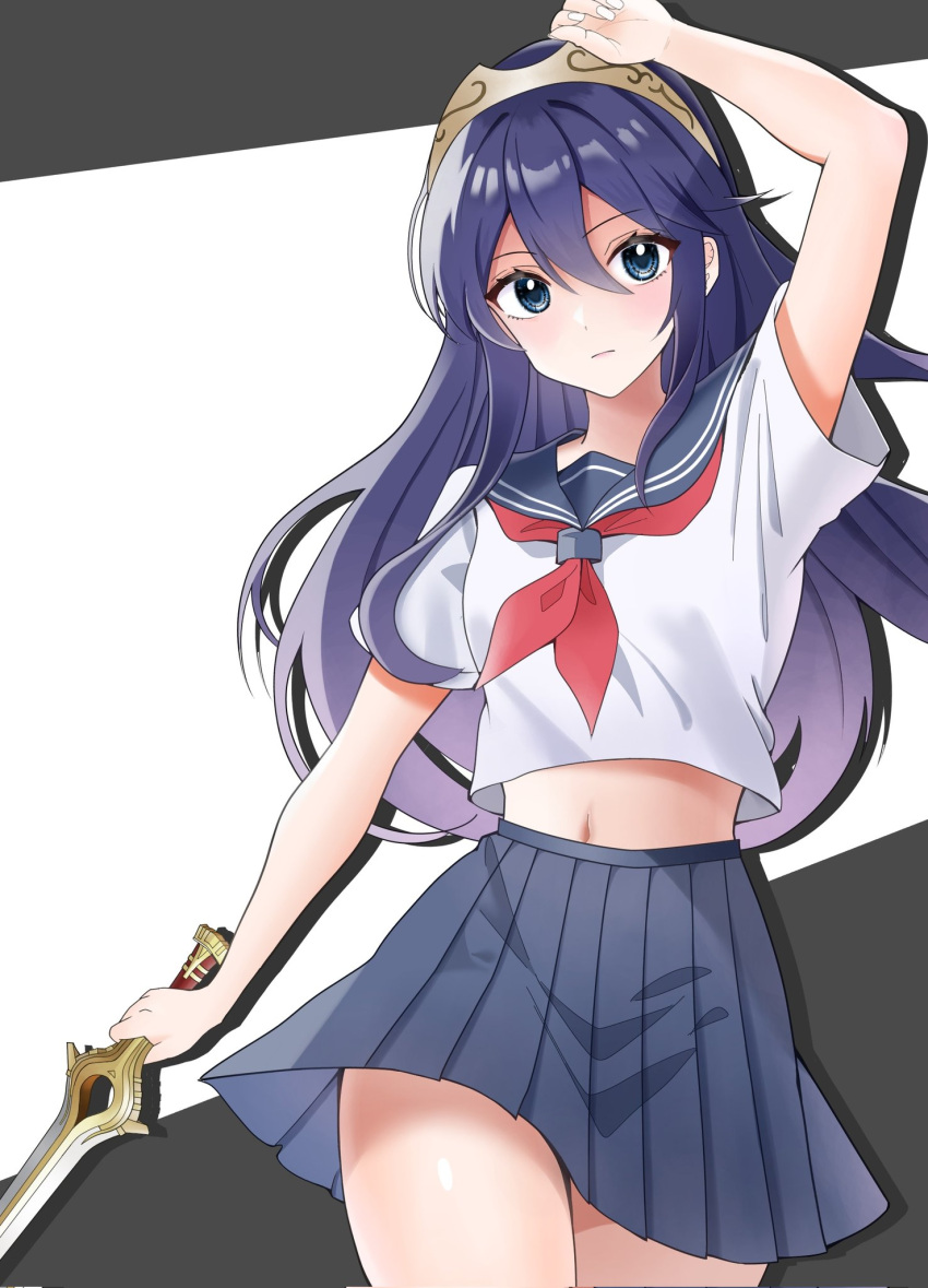 1girl alternate_costume arm_up black_background blue_eyes blue_hair blue_sailor_collar closed_mouth falchion_(fire_emblem) fire_emblem fire_emblem_awakening hair_between_eyes highres holding holding_sword holding_weapon long_hair looking_at_viewer lucina_(fire_emblem) midriff navel neckerchief odorukaminoke pleated_skirt red_neckerchief sailor_collar school_uniform shirt short_sleeves skirt solo sword tiara two-tone_background weapon white_background white_shirt