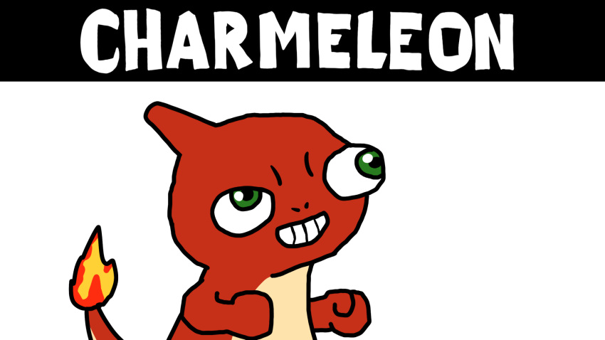 16:9 2020 ambiguous_gender anthro biped charmeleon colored digital_drawing_(artwork) digital_media_(artwork) english_text ergomancy fire fist flaming_tail fsjal generation_1_pokemon glistening glistening_eyes green_eyes hi_res meme nintendo open_mouth open_smile orange_body orange_tail pokemon pokemon_(species) scalie shaded simple_background smile solo species_name standing tail teeth text white_background white_text widescreen