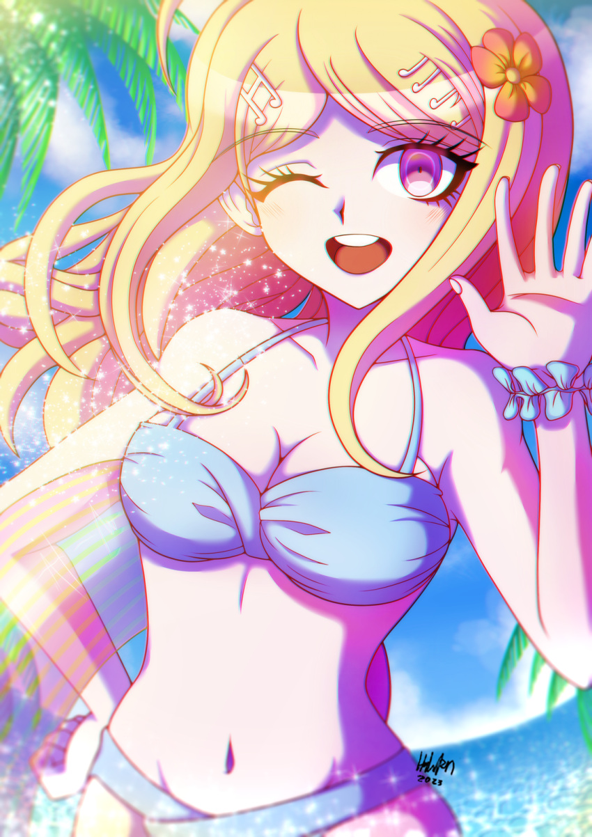 1girl :d ;d akamatsu_kaede bare_shoulders beach bikini blonde_hair breasts cleavage collarbone danganronpa_(series) danganronpa_v3:_killing_harmony flower hair_flower hair_ornament hand_on_hip hand_up highres inglebard large_breasts long_hair musical_note musical_note_hair_ornament navel ocean one_eye_closed palm_tree pink_eyes red_flower signature smile solo stomach swimsuit teeth tree upper_body upper_teeth_only