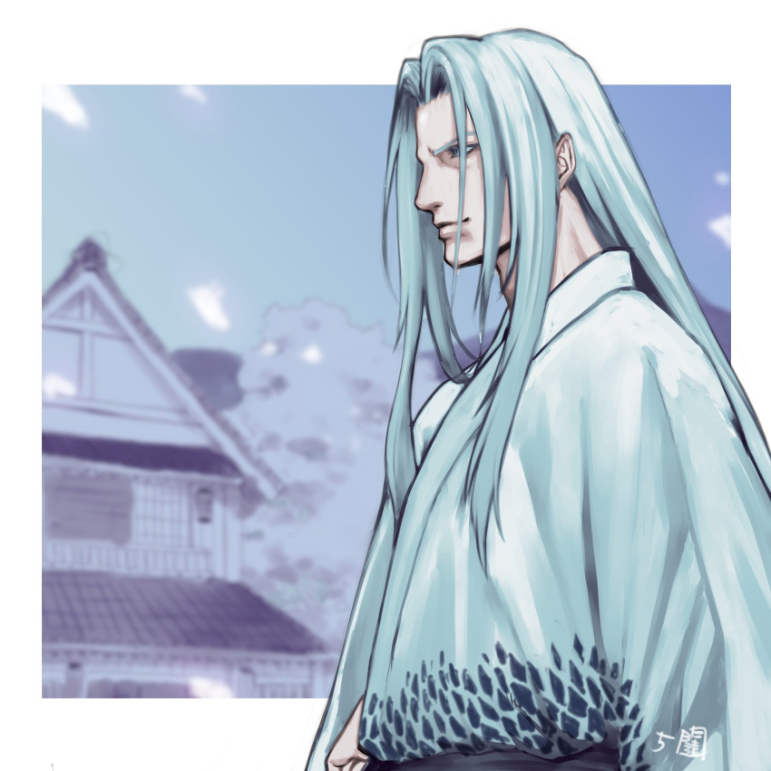 1boy 5tatsu alternate_costume architecture artist_name blurry blurry_background border east_asian_architecture facing_to_the_side final_fantasy final_fantasy_vii final_fantasy_vii_remake grey_hair highres japanese_clothes kimono long_bangs long_hair male_focus parted_bangs sephiroth snow solo straight_hair upper_body white_border white_kimono