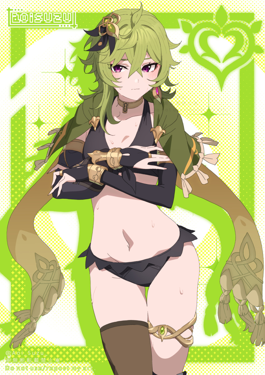 1girl aoi_suzu armlet bikini black_bikini blush bracelet breasts bridal_gauntlets brown_choker capelet choker cleavage collei_(genshin_impact) covering covering_breasts detached_sleeves genshin_impact green_capelet green_hair hair_ornament halterneck highres jewelry long_hair looking_at_viewer medium_breasts navel neck_ring purple_eyes scarf solo stomach swimsuit thighs yellow_scarf